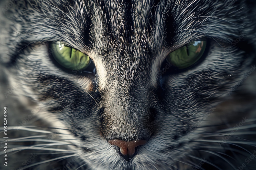 Portrait of tabby cat showing intense green eyes and whiskers Portrait of tabby cat showing intense green eyes and whiskers