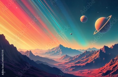 Colorful space landscape with mountains. Bright colors, planets in retro dreamy style. Awesome dreamy space background. Mountain peaks in bright scene. Awesome space landscape with planets, colorful photo