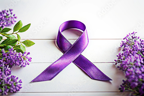 Purple Ribbon for Domestic Violence Awareness on a White Background Surrounded by Lilac Flowers Displaying Strength and Hope in the Fight Against Abuse
