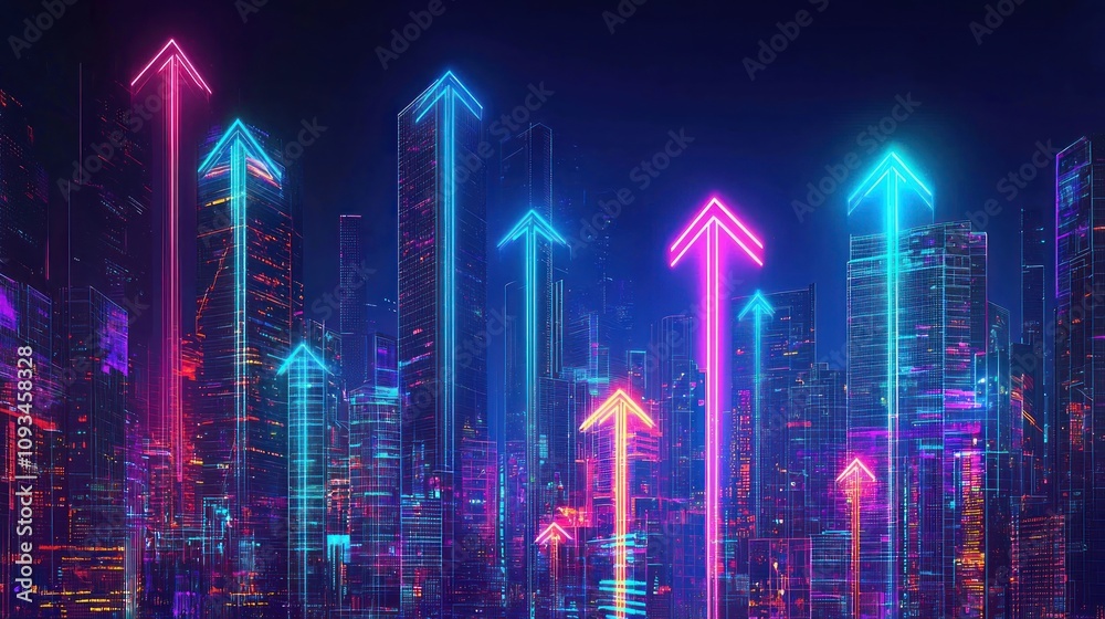 Futuristic city skyline with glowing arrows rising through neon lights. Futuristic city skyline with glowing arrows rising through neon lights.