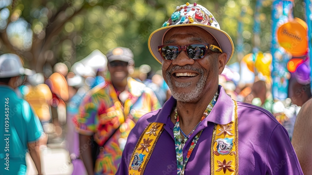 Obraz premium Smiling senior man enjoying caribbean festival in bright purple shirt
