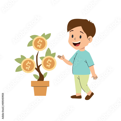 Happy boy watches potted money tree grow. Financial literacy and passive income. Treasure, deposit, money, dollar, credit, currency, salary, management, expenses, income, accounting. Contribution