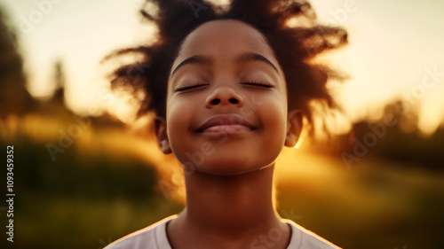 A girl with closed eyes, breathing deeply in the warm glow of sunset, symbolizing relaxation and mindfulness for mental health care. 