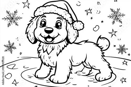 christmas colouring page a4 size. cute dog with santa hat 