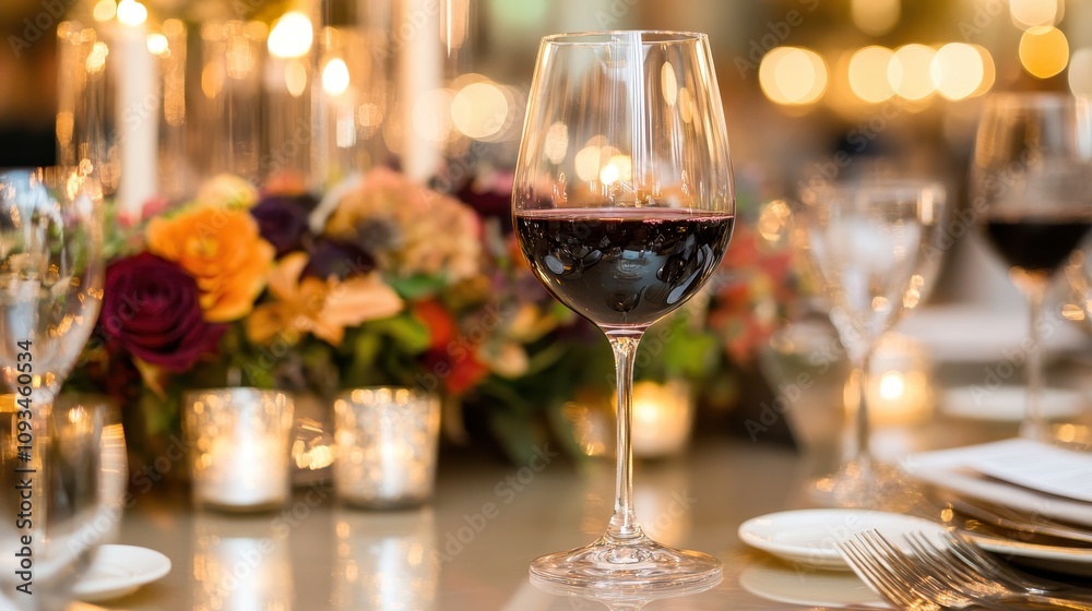 A wine glass is on a table with a vase of flowers and candles A wine glass is on a table with a vase of flowers and candles