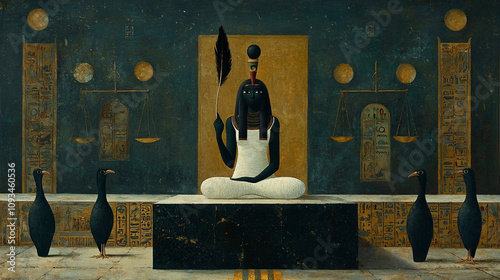 Maat the goddess of truth in an ancient Egyptian setting surrounded by symbols of justice and order