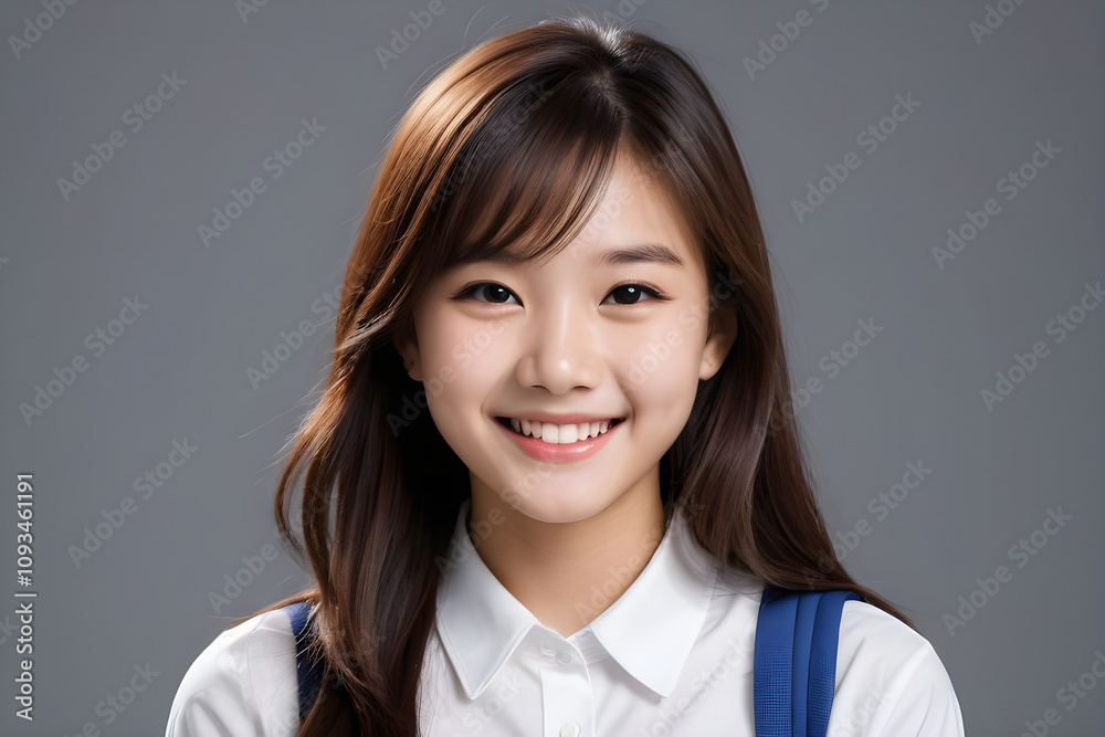Happy student girl smiling on grey background Happy student girl smiling on grey background