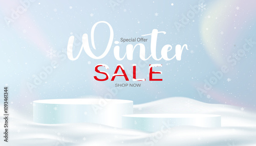 Christmas background,Winter Sale Product with 3d Podium Display on Drifts,Snowflakes and Snow cover on Blue Background.Vector platform template for Xmas discount New Year 2025 design,Promotion