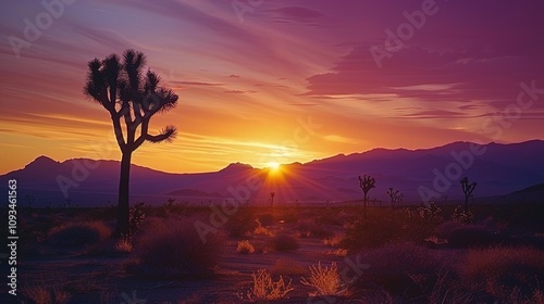 Fototapeta Naklejka Na Ścianę i Meble -  Joshua tree silhouetted against a vivid desert sunset in the mojave desert