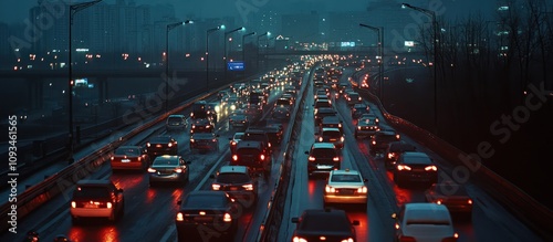 Night Traffic Jam on City Highway under Rainy Skies