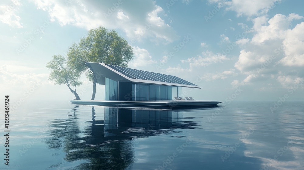 Stunning Floating Modern House on a Serene Water Body. Eco-Friendly Contemporary Design with Solar Panels and Glass Facades. Stunning Floating Modern House on a Serene Water Body. Eco-Friendly Contemporary Design with Solar Panels and Glass Facades.