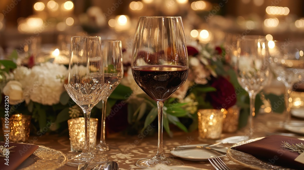 A table with a wine glass and a bunch of flowers A table with a wine glass and a bunch of flowers