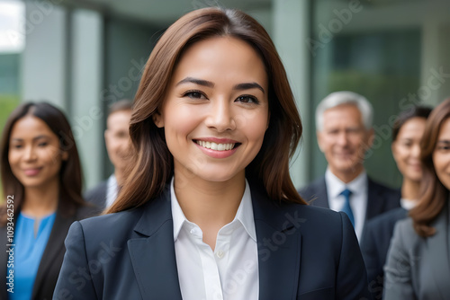 Smiling businesswoman leading a diverse team of professionals