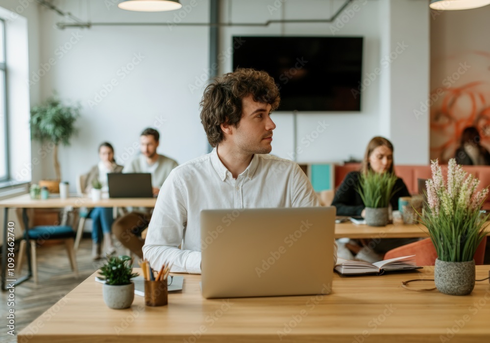 Fototapeta premium Young Man Working on Laptop in Modern Office