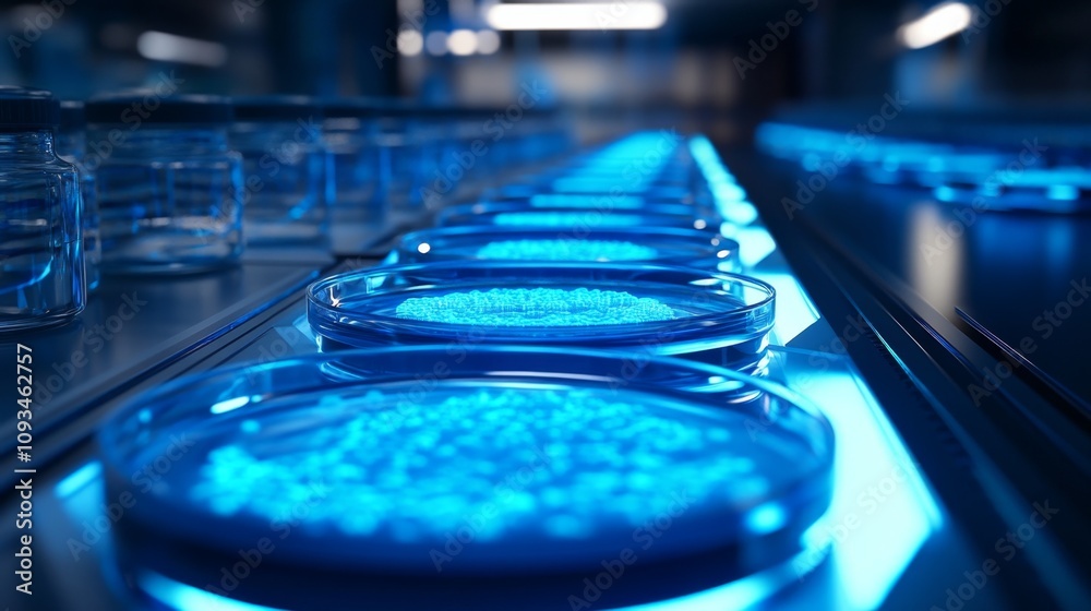 Futuristic Biotech Laboratory Featuring Rows of Illuminated Petri Dishes for Cultivation of Microorganisms in a High-Tech Environment Futuristic Biotech Laboratory Featuring Rows of Illuminated Petri Dishes for Cultivation of Microorganisms in a High-Tech Environment