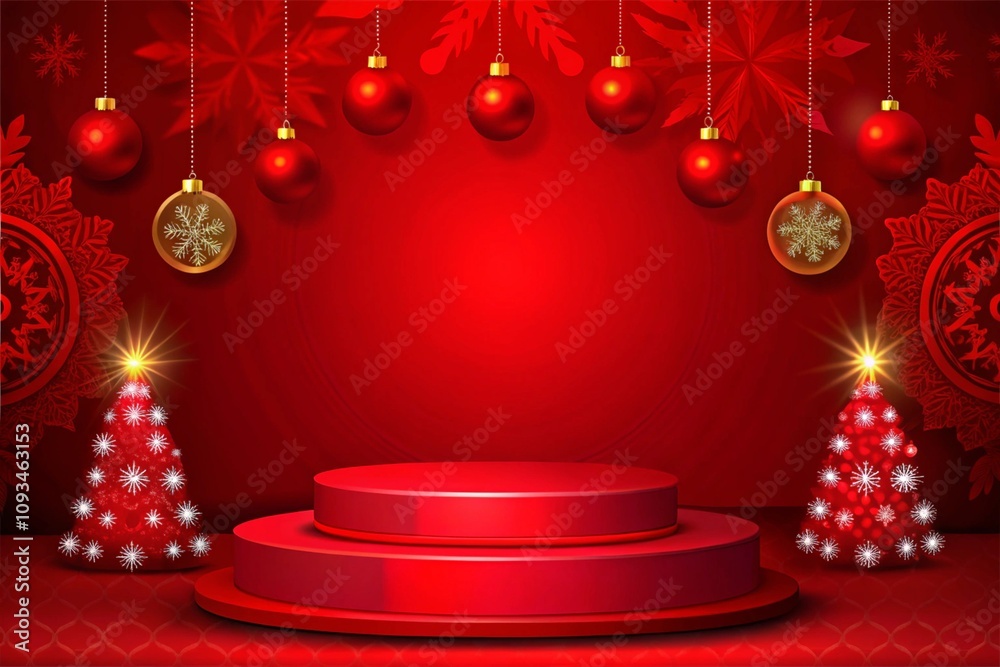 Modern red podium web banner with christmas tree design Modern red podium web banner with christmas tree design