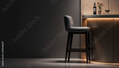Minimalistic Black Bar Stool with Flat Seat at a Modern Bar Counter with Clean Lines and Reflective Surfaces