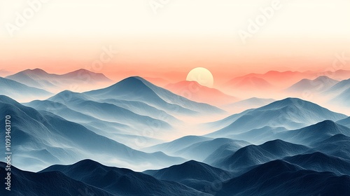 A misty mountain range with a sun rising over the peaks, creating a warm glow in the sky.