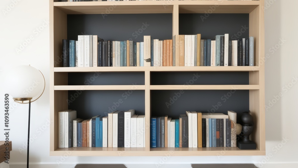 A neatly arranged bookshelf with modern books and minimal decorations.
A neatly arranged bookshelf with modern books and minimal decorations.