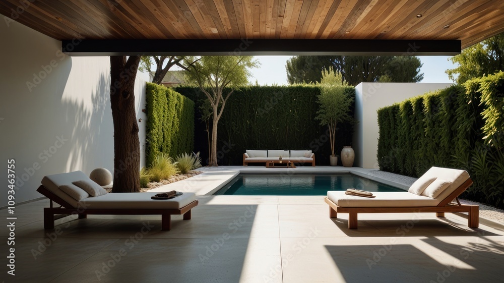 Here's a description and keywords for your stock photo.. Modern minimalist patio with pool, lounge chairs, and lush greenery. Here's a description and keywords for your stock photo.. Modern minimalist patio with pool, lounge chairs, and lush greenery.