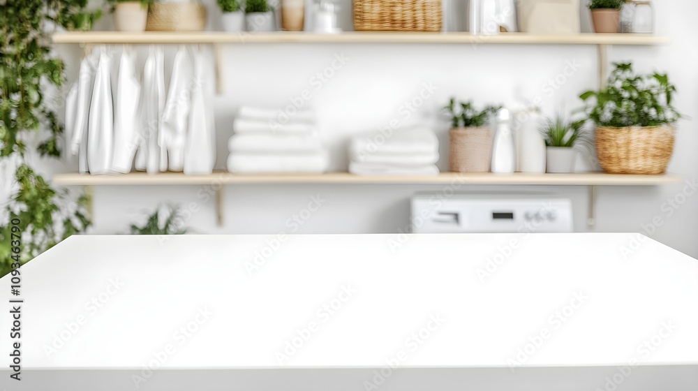 Bright and Airy Interior of a Modern Home Featuring Shelves with Towels, Plants, and Decor in a Minimalistic Style for a Fresh Atmosphere Bright and Airy Interior of a Modern Home Featuring Shelves with Towels, Plants, and Decor in a Minimalistic Style for a Fresh Atmosphere
