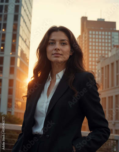 Confident businesswoman in a black suit standing against a sunset skyline in an urban setting