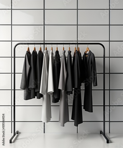 Stylish clothes on display in modern shop. Black, gray dresses, tops, jackets hang on black rack against white tiled wall. Black grout lines create clean aesthetic. Contemporary fashion collection