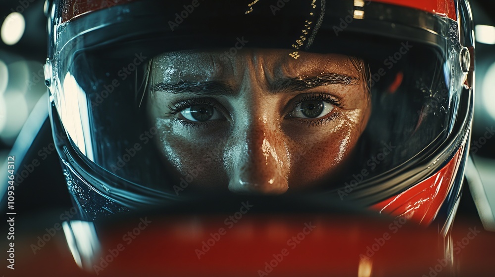 Close-up of a determined racer in a helmet, focused on the track. Intense concentration and passion of a competitive driver, emphasizing the energy and drive of the sport. Close-up of a determined racer in a helmet, focused on the track. Intense concentration and passion of a competitive driver, emphasizing the energy and drive of the sport.