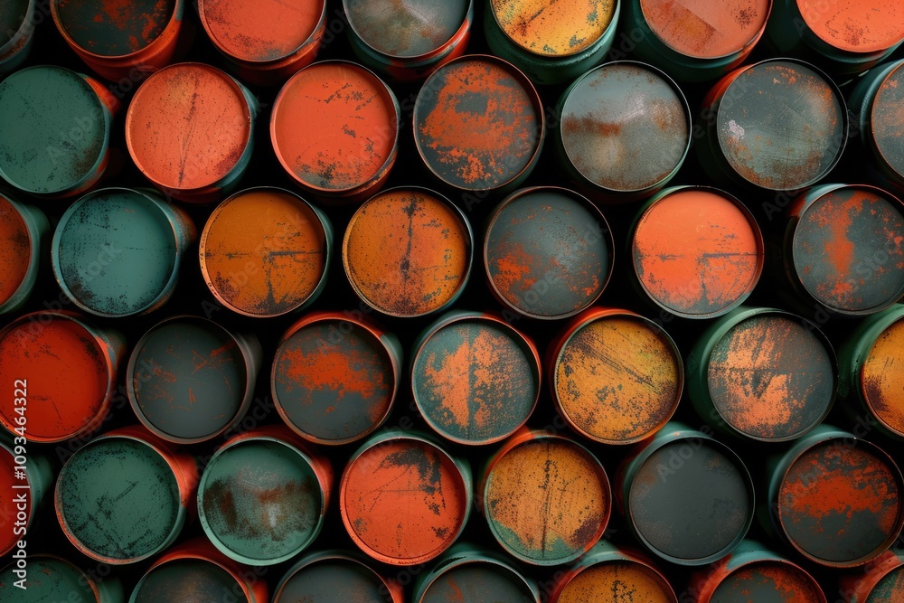 Top view oil barrels orange or chemical drums horizontal stacked up Top view oil barrels orange or chemical drums horizontal stacked up