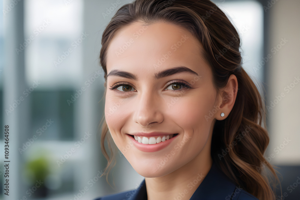 Portrait of smiling businesswoman showing confidence and success in office environment