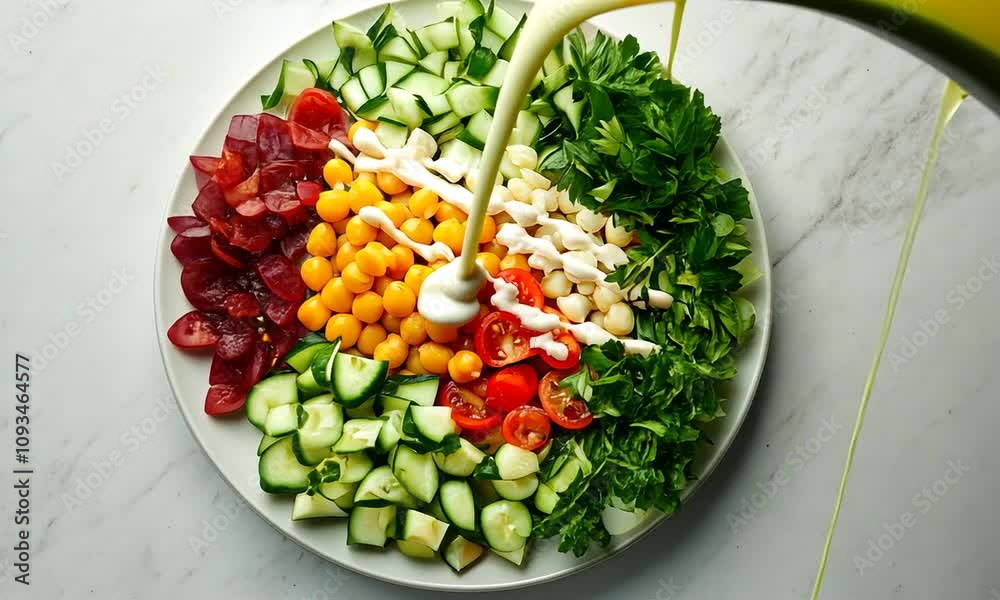 Fresh and Colorful Vegetable Salad with Cherry Tomatoes, Cucumbers, Bell Peppers, Chickpeas, and Drizzled Dressing on a Marble Background Fresh and Colorful Vegetable Salad with Cherry Tomatoes, Cucumbers, Bell Peppers, Chickpeas, and Drizzled Dressing on a Marble Background