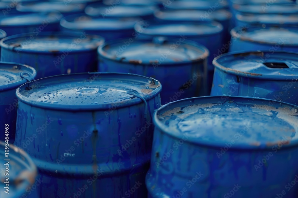 Blue Plastic barrels contain Blue Plastic barrels contain