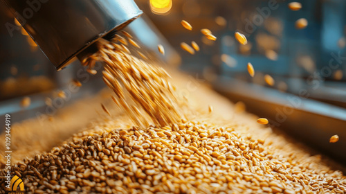 The image features grains pouring from a funnel onto a large pile, showcasing the process of grain handling or storage in an industrial setting.