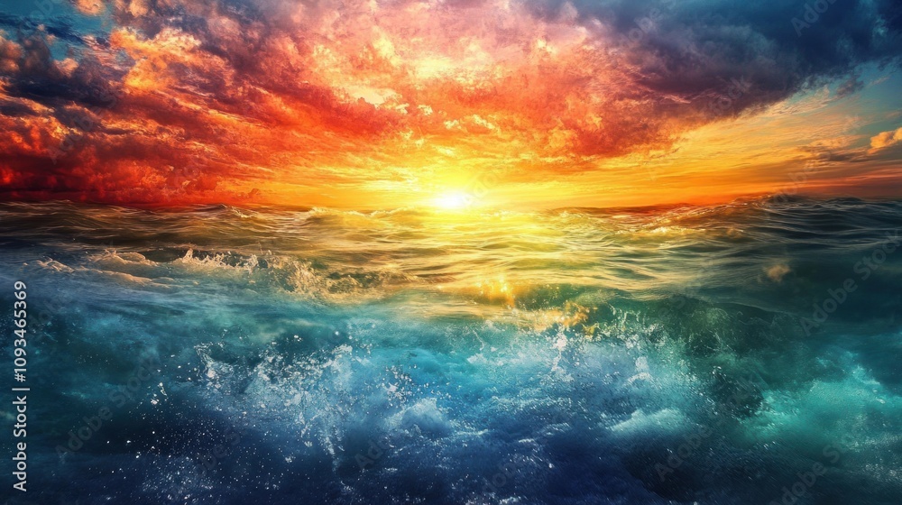 Breathtaking Sunset Over Ocean Waves Captured in Vibrant Colors, Showcasing the Beauty of Nature with Dramatic Clouds and Golden Horizon