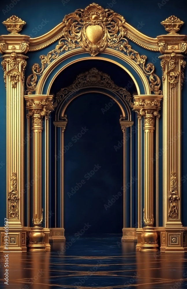 Obraz premium An arched structure with a dark blue background and golden decorations