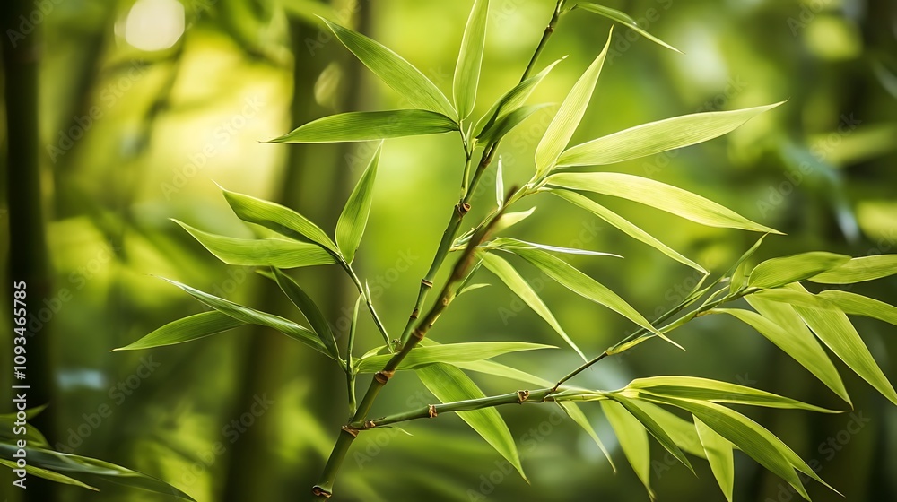 Fototapeta premium Close-up of bamboo leaves in a lush green environment, highlighting nature's beauty.