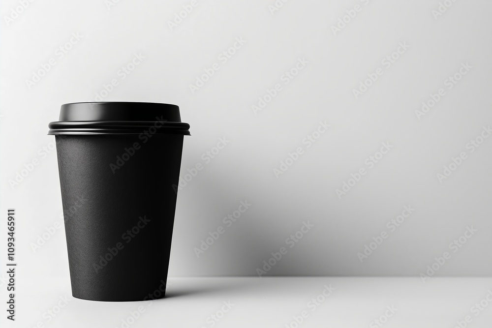 A simple black paper coffee cup with lid on a white background with space to copy. A simple black paper coffee cup with lid on a white background with space to copy.