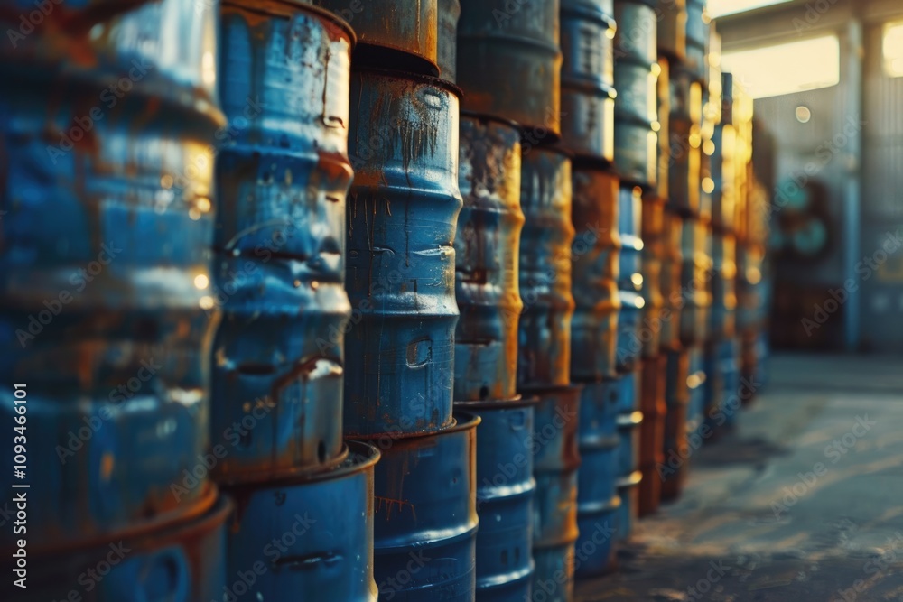 Oil barrels and chemical drums stacked in warehouse storage.