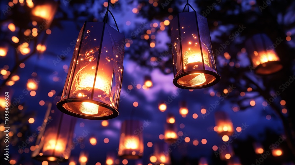 Obraz premium Floating Paper Lanterns in a Night Sky