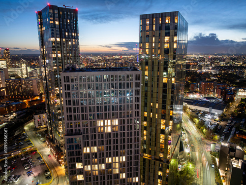 Aerial image of Manchester cityscape over Trinity way at twilight  photo