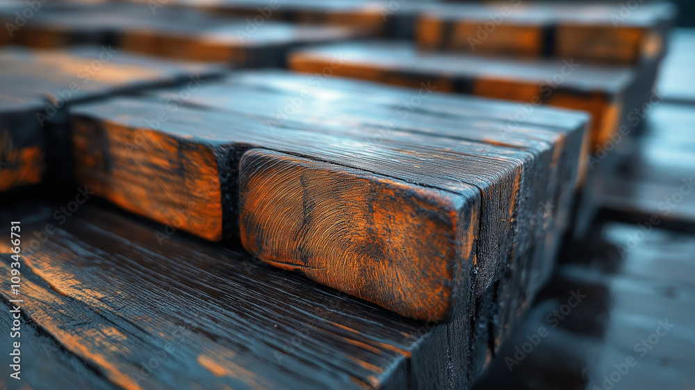 Textured wooden blocks with rich, dark finish create striking visual Textured wooden blocks with rich, dark finish create striking visual