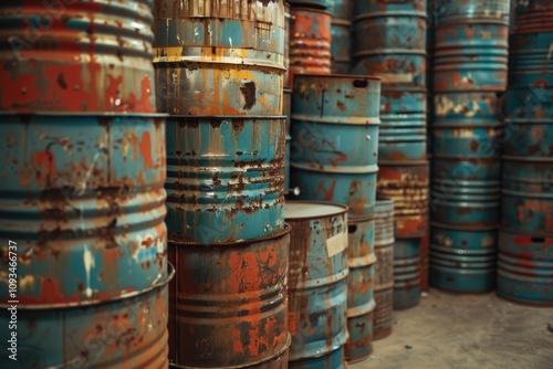 Stacked oil barrels and chemical drums in industrial plant waste.