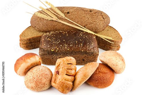 Organic wholemeal bread and sweet pastries isolated on white.