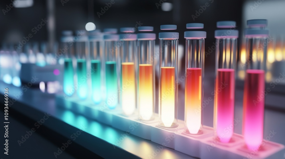 Vibrant Biotech Lab Scene Displaying Glowing Test Tubes with Multi-Colored Liquids and Innovative Research Environment