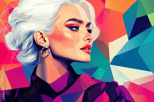 Fashionable woman with white hair in a geometric style.