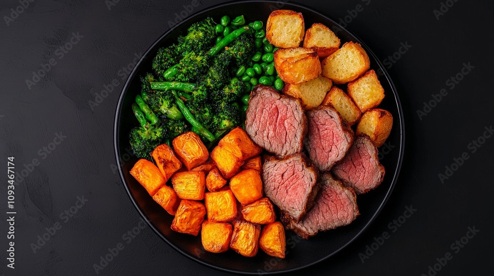 Sliced roast beef with roasted potatoes, sweet potatoes, broccoli, peas, and green beans on a black plate. Sliced roast beef with roasted potatoes, sweet potatoes, broccoli, peas, and green beans on a black plate.