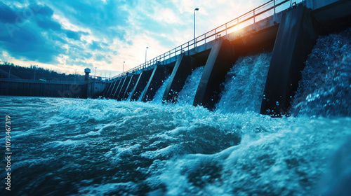 A dam releases water, creating waves under a cloudy sky, illuminated by the sun's rays at dusk. photo