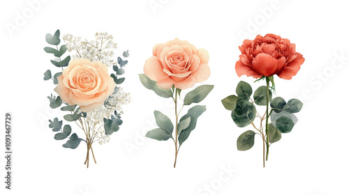 Fototapeta Naklejka Na Ścianę i Meble -  Watercolor Roses and Eucalyptus Floral Arrangements
