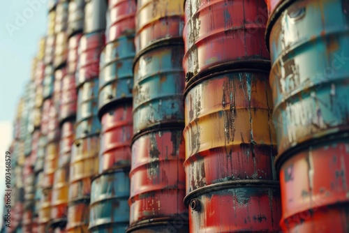 Oil barrels stacked at industrial plant symbolize energy and global warming.