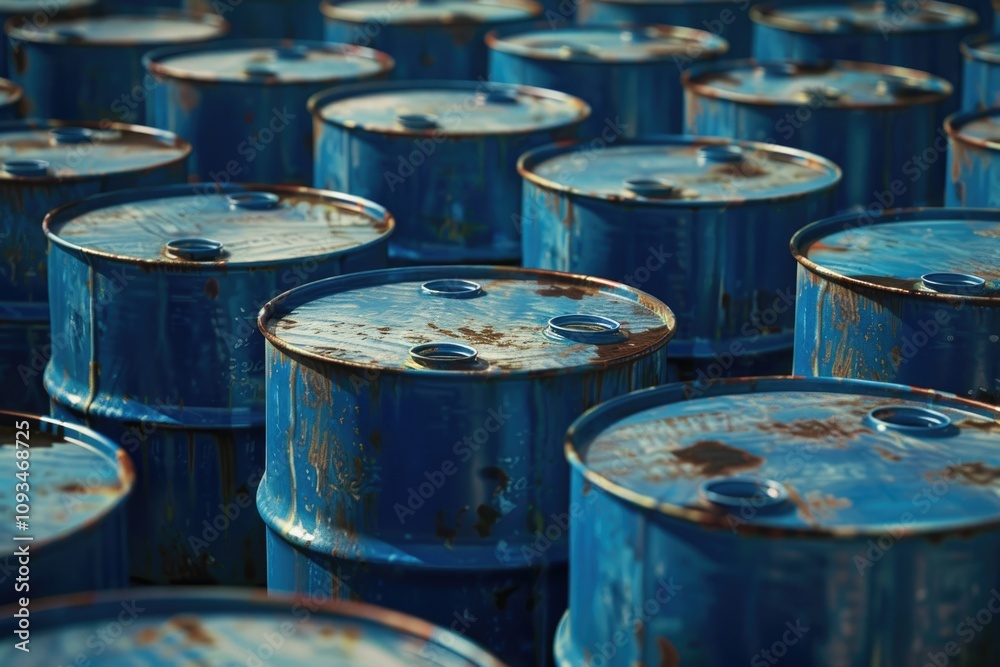 Stacked blue oil barrels and chemical drums. Stacked blue oil barrels and chemical drums.